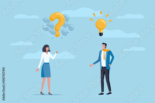 A woman and man contemplate ideas represented by question marks and lightbulbs