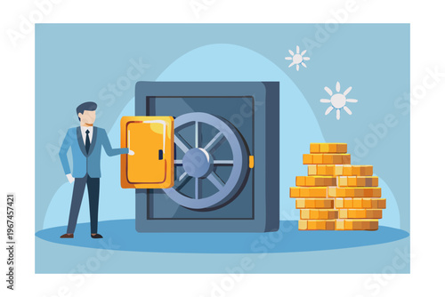 Man opening a large vault revealing stacks of gold bars inside