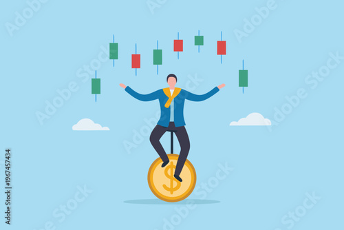 A businessman balances on a coin while juggling financial market candlestick charts