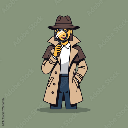 Detective in trench coat using magnifying glass for investigation.