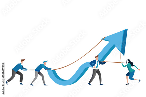 Teamwork propelling an upward arrow symbolizing growth and collective effort