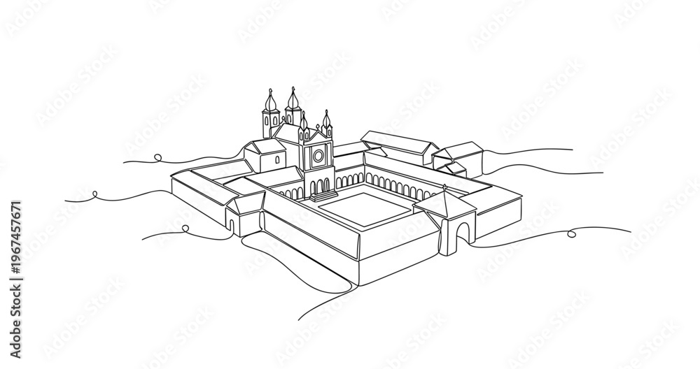 Fototapeta premium Monastery complex enclosed around central courtyard in line art. No editable stroke