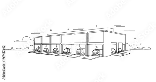 Delivery trucks parked at loading docks warehouse exterior. No editable stroke