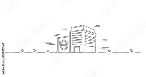 Office building protected by security shield on white background. No editable stroke