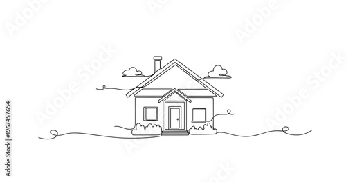 Small house standing on landscaped yard in line drawing. No editable stroke