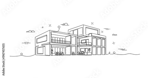 Modern house exterior with open patio and balcony. No editable stroke