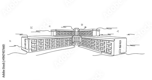 Modern low rise complex extending in angled courtyard layout. No editable stroke