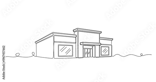 Commercial storefront building standing on flat ground line art. No editable stroke