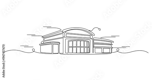Shopping center building depicted in continuous line street setting. No editable stroke