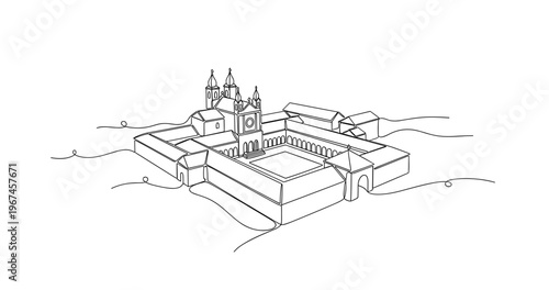 Monastery complex enclosed around central courtyard in line art. No editable stroke