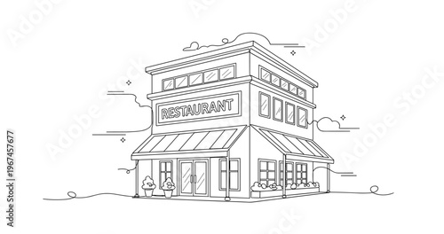 Restaurant building storefront on corner in line drawing. No editable stroke