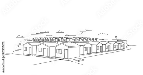 Small houses arranged in residential neighborhood development. No editable stroke