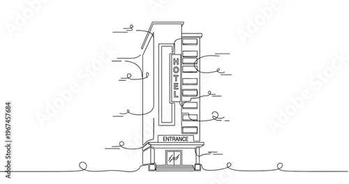 Hotel building sketched standing on street with entrance. No editable stroke
