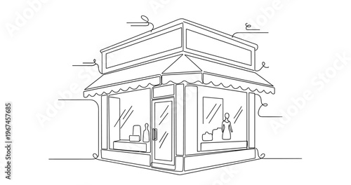 Corner storefront display with awning on urban street corner. No editable stroke