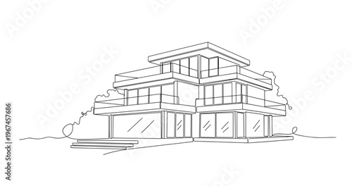 Modern house with layered terraces in suburban setting. No editable stroke