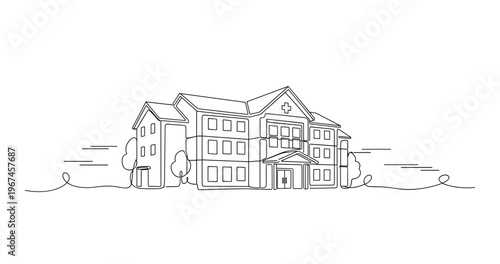Large medical facility building with entrance and windows. No editable stroke