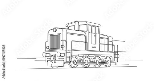 Diesel locomotive moving on tracks in minimal white setting. No editable stroke
