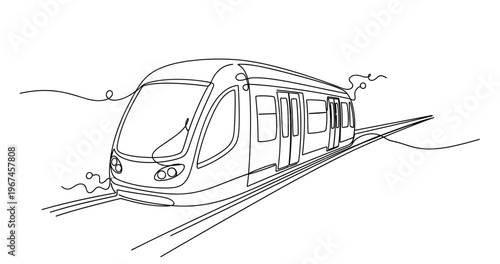 Modern tram traveling along railway tracks outdoors. No editable stroke