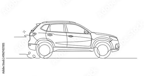 Suv moving along road in minimal line drawing side view white background. No editable stroke