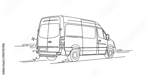 Cargo van parked on road in minimal line illustration. No editable stroke
