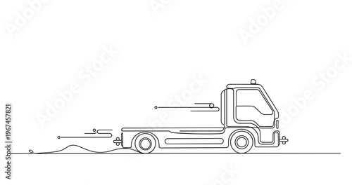 Flatbed truck moving along roadside in line drawing. No editable stroke
