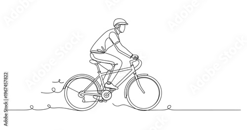 Cyclist riding bicycle with helmet on flat road outdoors. No editable stroke