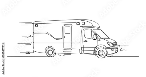 Camper van driving along road in continuous outline drawing. No editable stroke