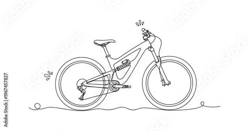 Mountain bike resting on ground in minimalist line drawing. No editable stroke