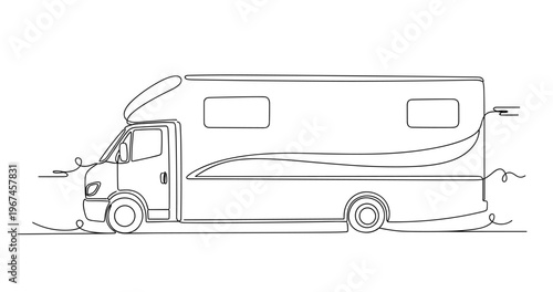 Recreational vehicle parked alongside road in side view. No editable stroke