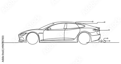 Sports coupe driving in side profile on road outline. No editable stroke