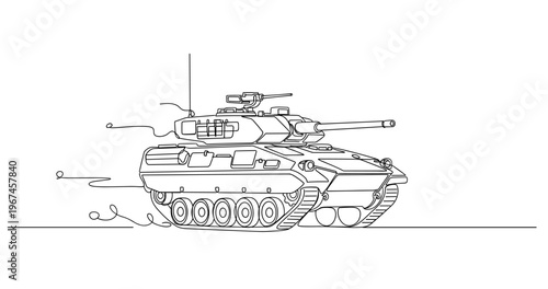 Armored battle tank moving across barren flat plain. No editable stroke