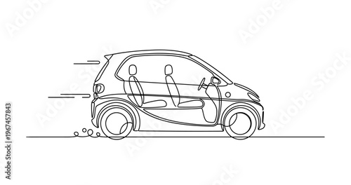 Compact car driving with interior outline on road. No editable stroke