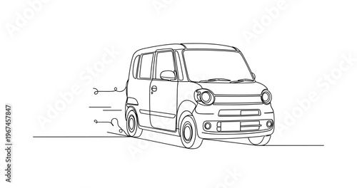 Compact car driving forward on road in line illustration. No editable stroke