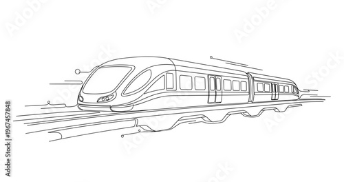 High speed train traveling along elevated railway tracks. No editable stroke