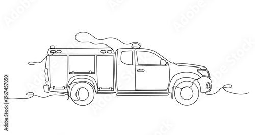 Utility rescue pickup parked on road line art illustration. No editable stroke