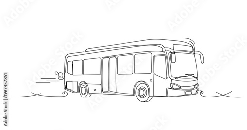 Public bus parked idle on urban road in minimal line drawing. No editable stroke