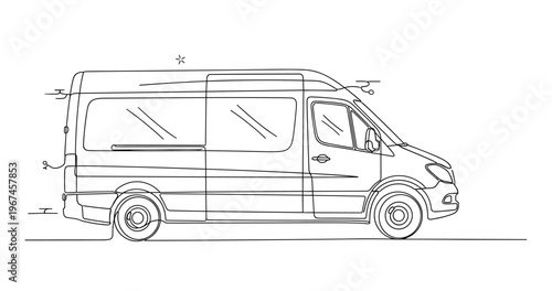 Passenger transit van parked on flat surface side view sketch. No editable stroke