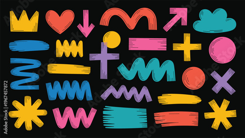 Decorative doodle brush strokes and shapes vector set for marketing banners and advertising layouts.