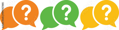Three question mark speech bubbles in different colors on a white background