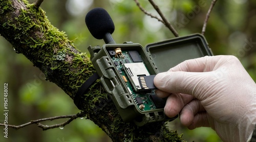 Hand inserting a memory card into a weatherproof environmental field recorder attached to a tree trunk, for ecological data collection