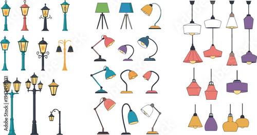 Collection of Decorative Lamps and Streetlights with Various Designs, Colors, and Styles for Home, Outdoor, and Office Lighting