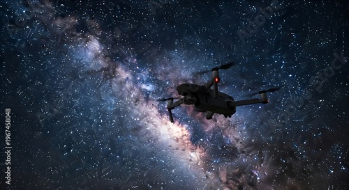A sleek drone navigates the vast cosmic expanse under the breathtaking Milky Way galaxy, capturing the wonders of the universe