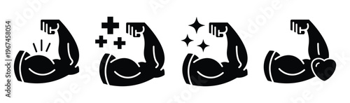 Strong hand line icon set. Muscle arm logo, label, badge, symbol, love, strength, bicep, power, protein, man, flex, strong bone calcium, human body concept. Vector illustration