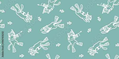 seamless pattern cat scuba diving with snorkeling gear and speargun underwater funny cute kitten line art background for textile and print