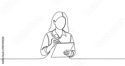 Female artist drawing with tablet in continuous line art. No editable stroke