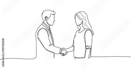 Line art of two people shaking hands in professional gesture. No editable stroke