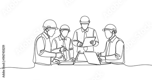 Line drawing of engineers collaborating on project with laptops and blueprints. No editable stroke
