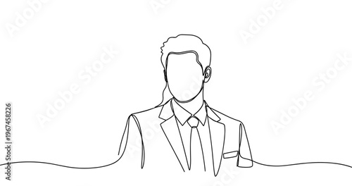 Continuous line drawing of young caucasian male in business suit. No editable stroke