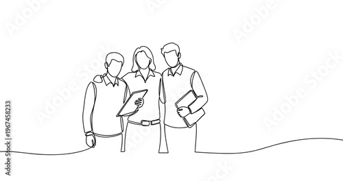 Line drawing of three young caucasian adults collaborating with tablets. No editable stroke