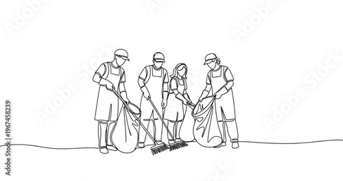 Group of volunteers cleaning park with brooms and bags. No editable stroke